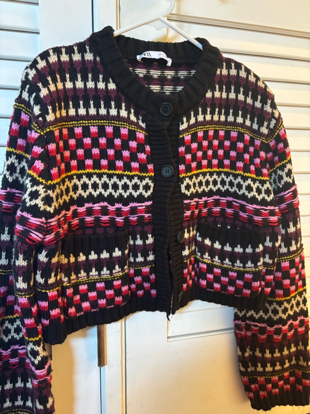 Zara Black, Pink & White Cropped Patterned Cardigan